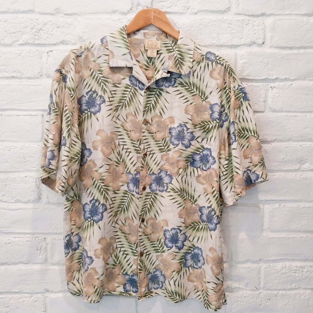 Jos A Bank 100% Silk Hawaiian Shirt Mens XL Green Blue Floral Tropical Button-Up